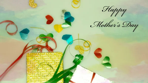 Happy Mother Day Words Small Colorful Heart Shaped Gift Boxes — стоковое фото