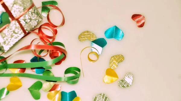 Colourful Heart Shape Ribbon Small Gift Boxes Colorful Bokeh Flare — Stock Photo, Image