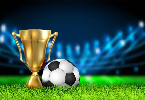 Realistic winner cup and soccer ball isolated on field stadium. Prize for champions in the form of a golden bowl. Football Award. Gold Winner Trophy Cup for 1st Place. Sport Banner Background. Vector