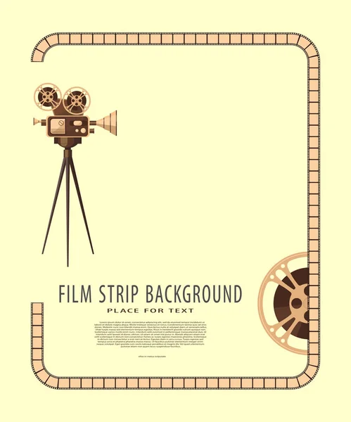 Movie reel and vintage camera on tripod. Movie and film strip of abstract modern background. Vintage cinema festival poster template with sample text for cinema design. Cinematography concept.