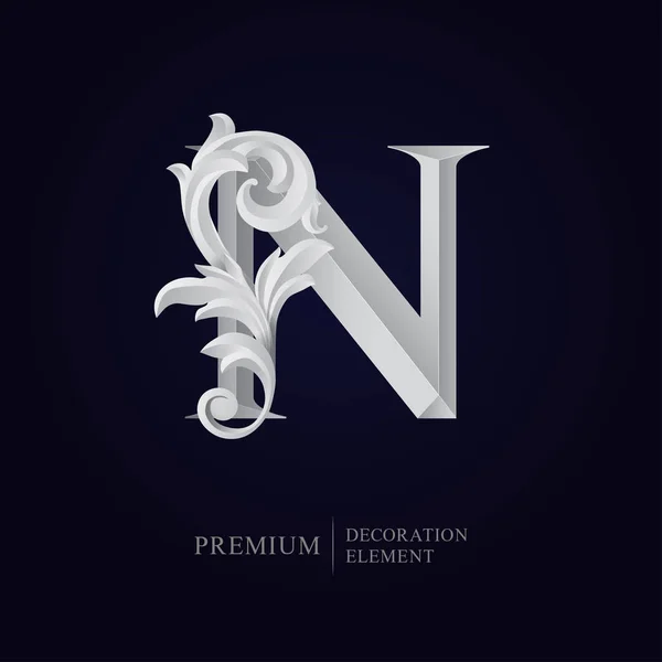 Elegant letter N with floral baroque ornament. Serif capital letter is surrounded with white decorations in 3D style. Exclusive colored effect designs for Logo, Monogram, Emblem, Initial, Invitation,
