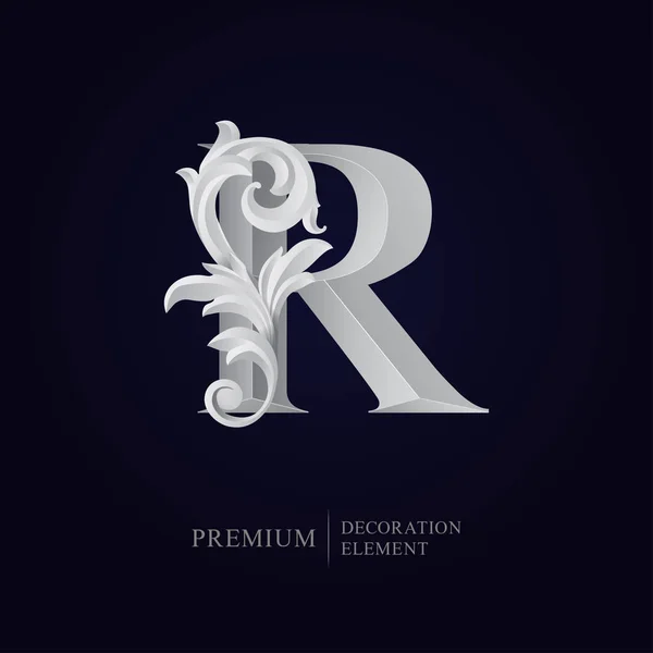 Elegant letter R with floral baroque ornament. Serif capital letter is surrounded with white decorations in 3D style. Exclusive colored effect designs for Logo, Monogram, Emblem, Initial, Invitation,