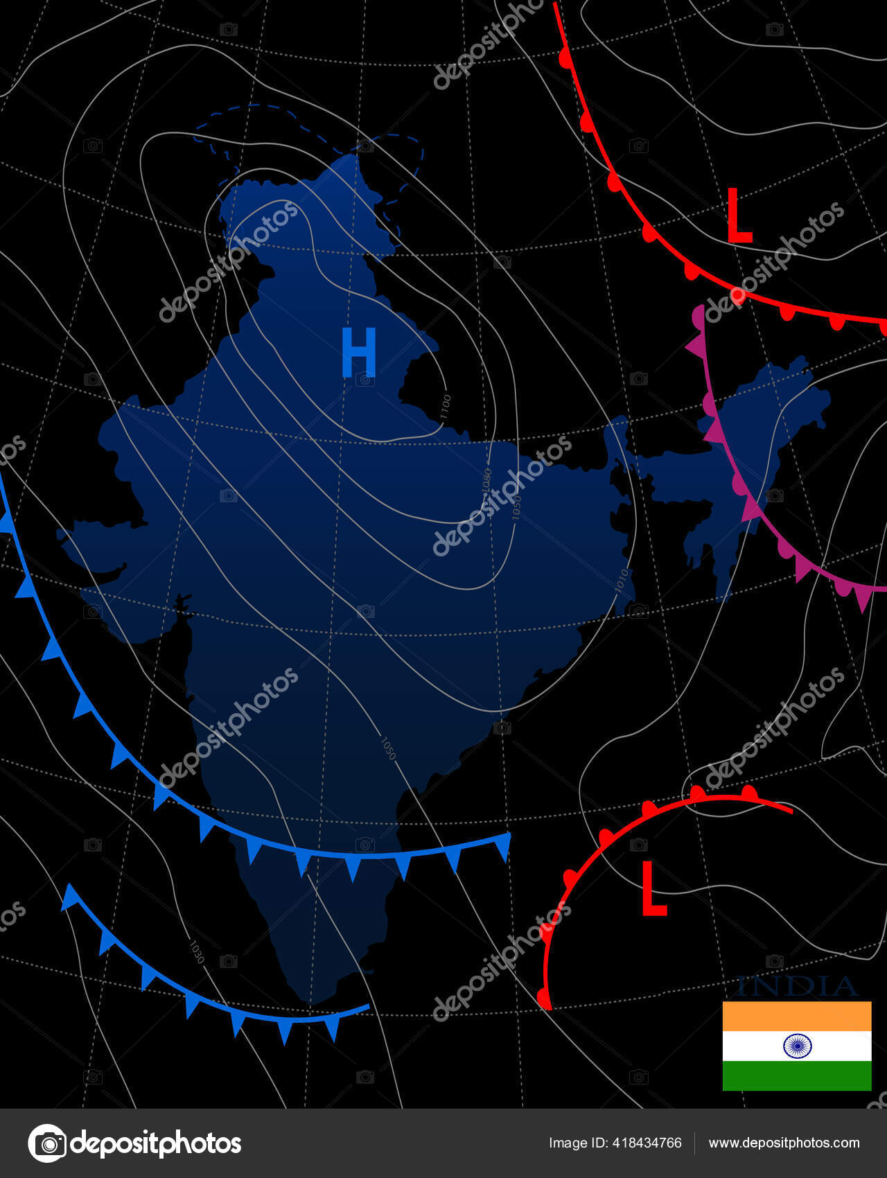Weather Map India Meteorological Forecast Dark Background Editable