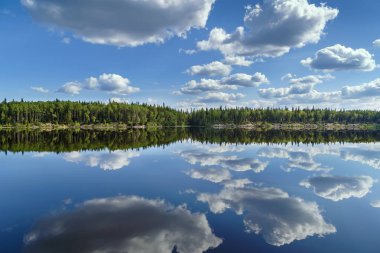 Vyg Nehri (Beyaz Deniz-Baltık Kanalı 'nın bir kısmı) üzerinde simetrik yansıması olan manzara, Rusya