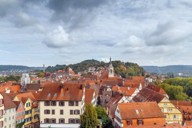 Almanya 'nın Hohentubingen Kalesi tepesinden Tubingen tarihi merkezi