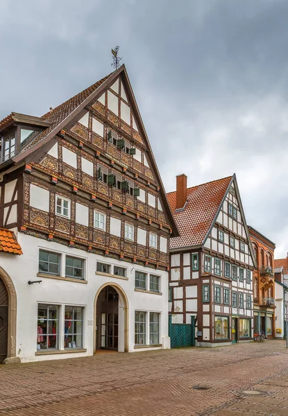 Straat Met Decoratieve Vakwerkhuizen Het Centrum Van Lemgo Duitsland — Stockfoto