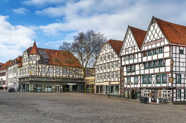 Almanya Soest Dekoratif Yarı Keresteli Evleri Olan Pazar Meydanı — Stok fotoğraf