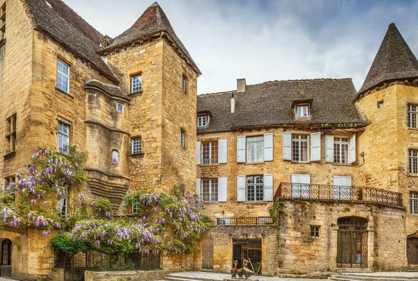 Sarlat-la-Caneda, Dordogne, Fransa ünlü kaz heykeli ile kare