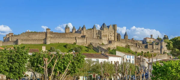 Panoramisch Uitzicht Het Fort Van Carcassonne Van Rivier Aude Frankrijk — Stockfoto