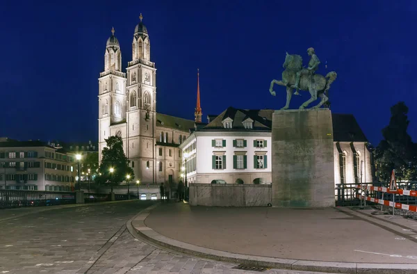 Grossmunster Romansk Protestantisk Kyrka Zürich Schweiz Kvällen — Stockfoto