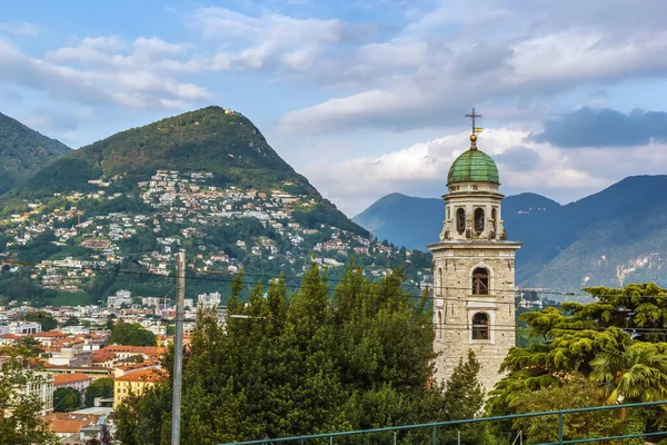 Paysage Avec Tour Cathédrale Lorenzo Lugano Suisse — Photo