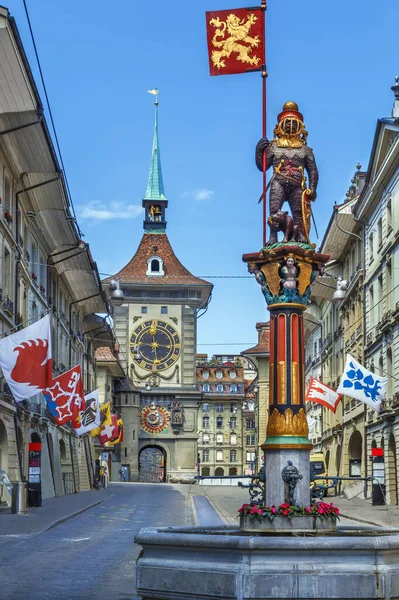 Zahringerbrunnen Zahringenská Fontána Věž Zytglogge Centru Bernu Švýcarsko — Stock fotografie