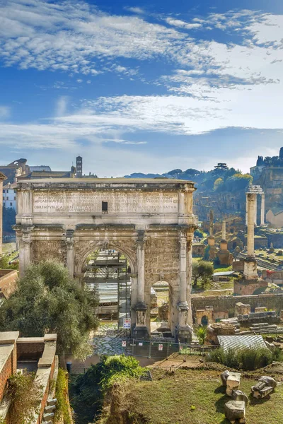 Marble Arch of Septimius Severus at the Roman Forum is a triumphal arch dedicated in AD 203 to commemorate the Parthian victories of Emperor Septimius Severus and his two sons, Rome, Italy