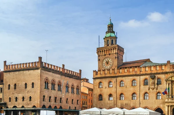 Wieża Zegarowa Palazzo Accursio Pałac Bolonii Włoszech Znajduje Się Piazza — Zdjęcie stockowe