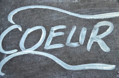 chalk drawing of a word ' coffe ' on a black board on a white board.