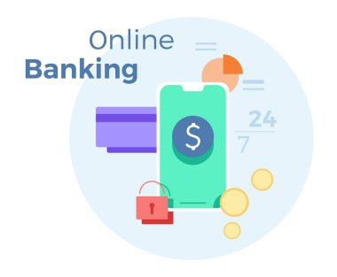 Vektör çizim çevrimiçi bankacılık. Hareket eden banka ve internet ödeme için kavram. Düz afiş, eps 10
