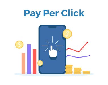 Vektör düz çizim tıklama başına ödeme. Mobil banka ve internet ödeme, vergi işlem için kavram. Düz afiş, eps 10 vergi işlem
