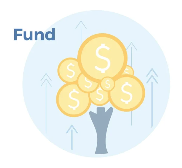 Fundraising vector flat illustration (em inglês). Árvore de dinheiro, gráfico de crescimento de renda, fundo mútuo, gráfico de relatório financeiro. EPS 10 — Vetor de Stock
