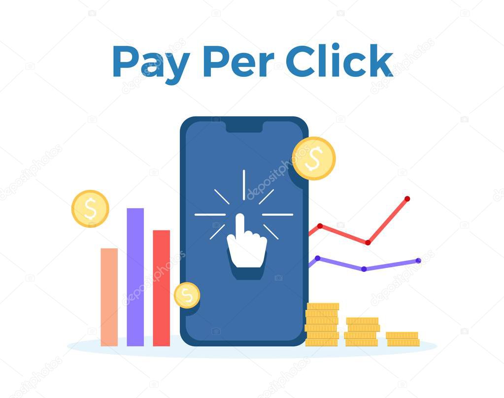 Pay Per Click vector flat illustration. Concept for mobile bank and internet payment, tax process. Flat banner, eps 10 tax process