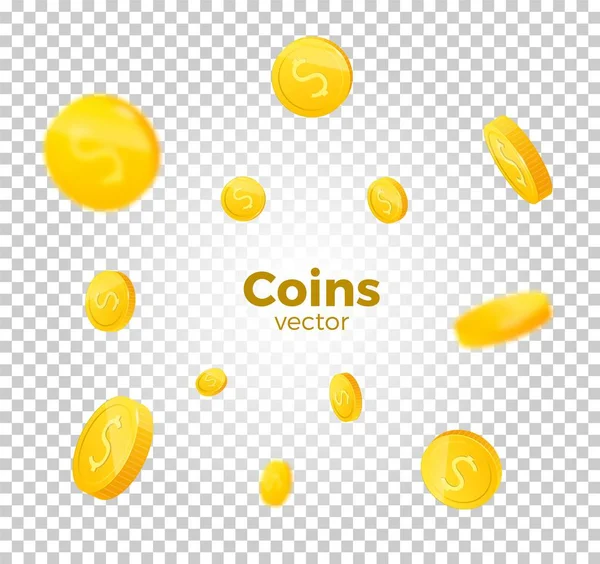3D реалістичні золоті монети встановлені на білому в різних положеннях. Гроші ізольовані на білому. Векторні ілюстрації . — стоковий вектор