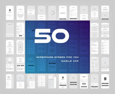 1 50 UI kitleri. Mobil uygulama GUI şablonunuzu konu singup oturum açma temel wireframes ekranlar. Ux tasarımı ile geliştirme arabirimi. Vektör çizim. EPS 10