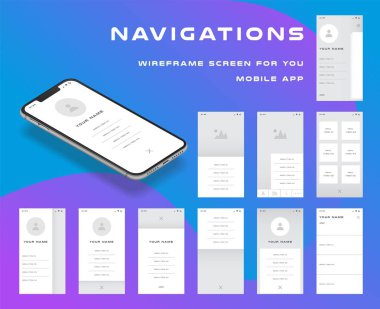 10 1 UI kitleri. Mobil uygulama GUI şablonunuzu portföy konunun temel wireframes ekranlar. Ux tasarımı ile geliştirme arabirimi. Vektör çizim. EPS 10