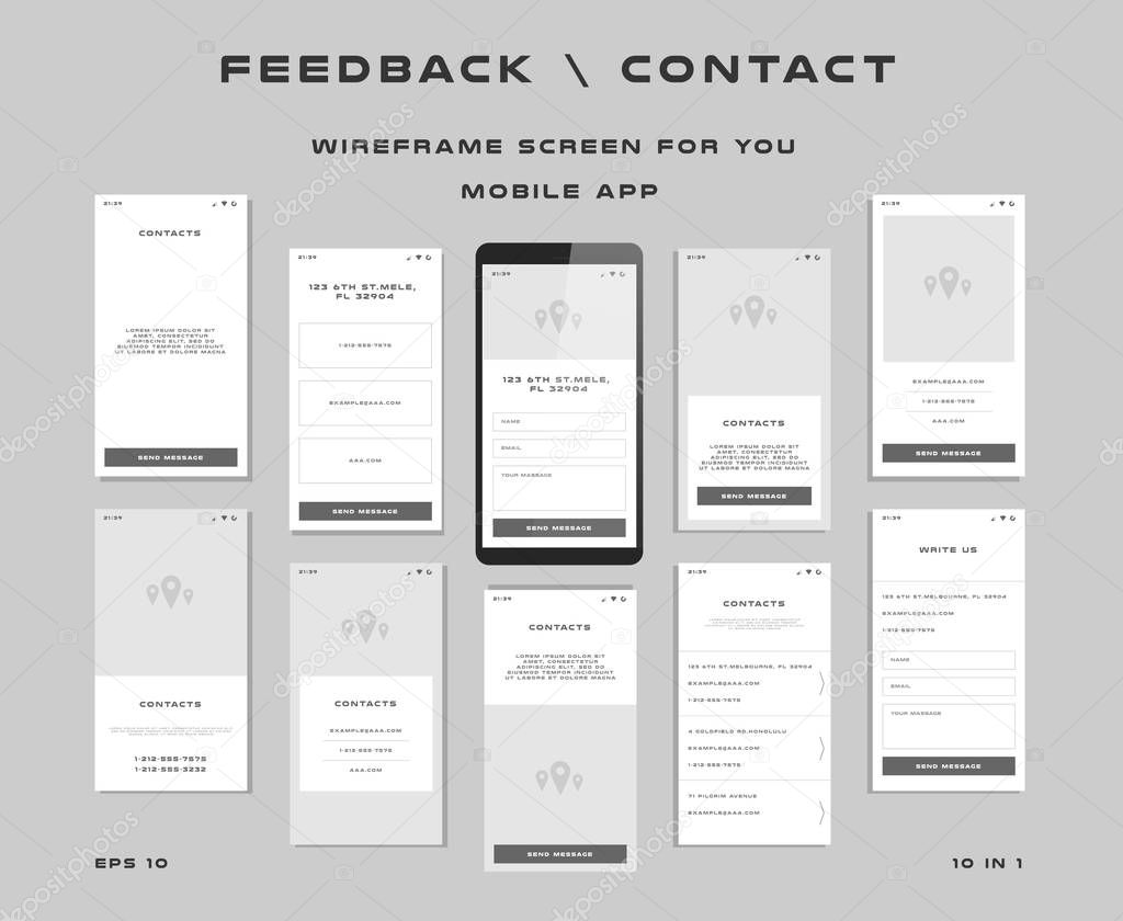 10 in 1 UI kits. Wireframes screens for your mobile app. GUI template on the topic of feedback contact . Development interface with UX design. Vector illustration. Eps 10