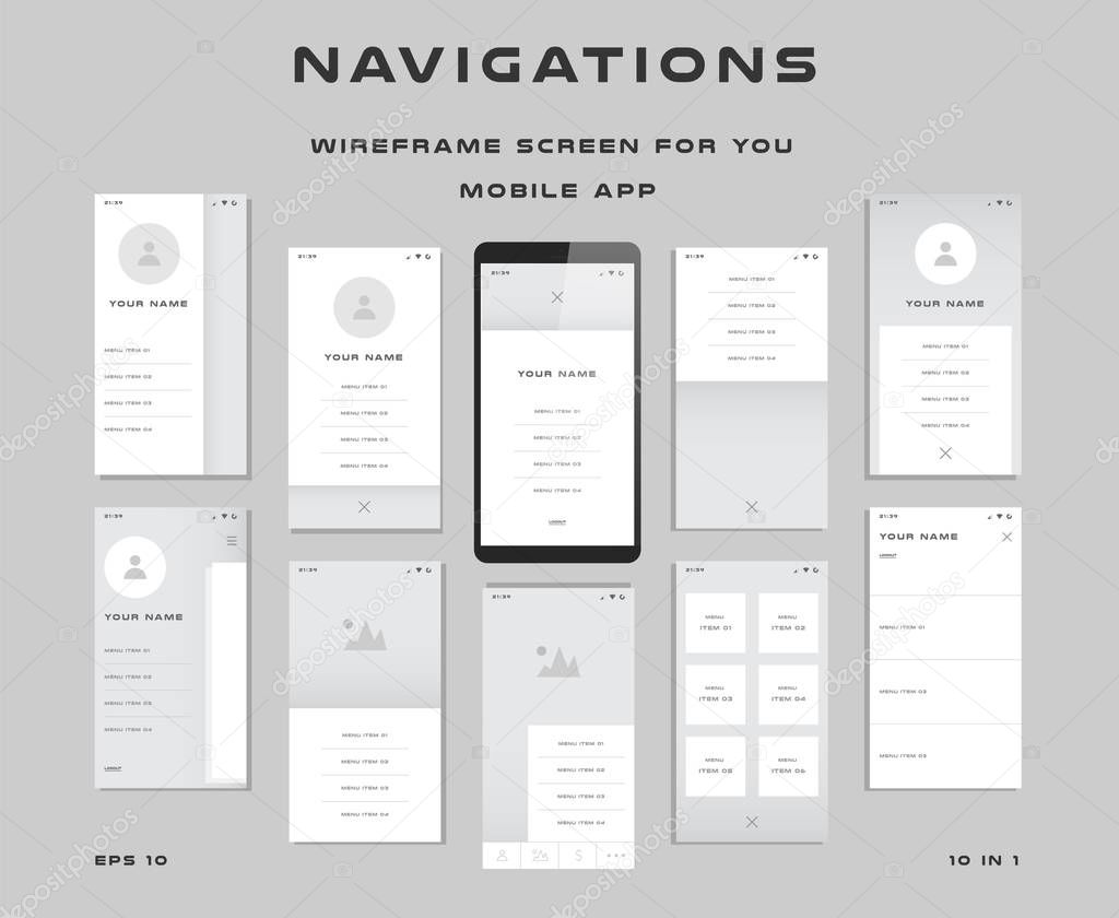 10 in 1 UI kits. Wireframes screens for your mobile app. GUI template on the topic of navigations . Development interface with UX design. Vector illustration. Eps 10