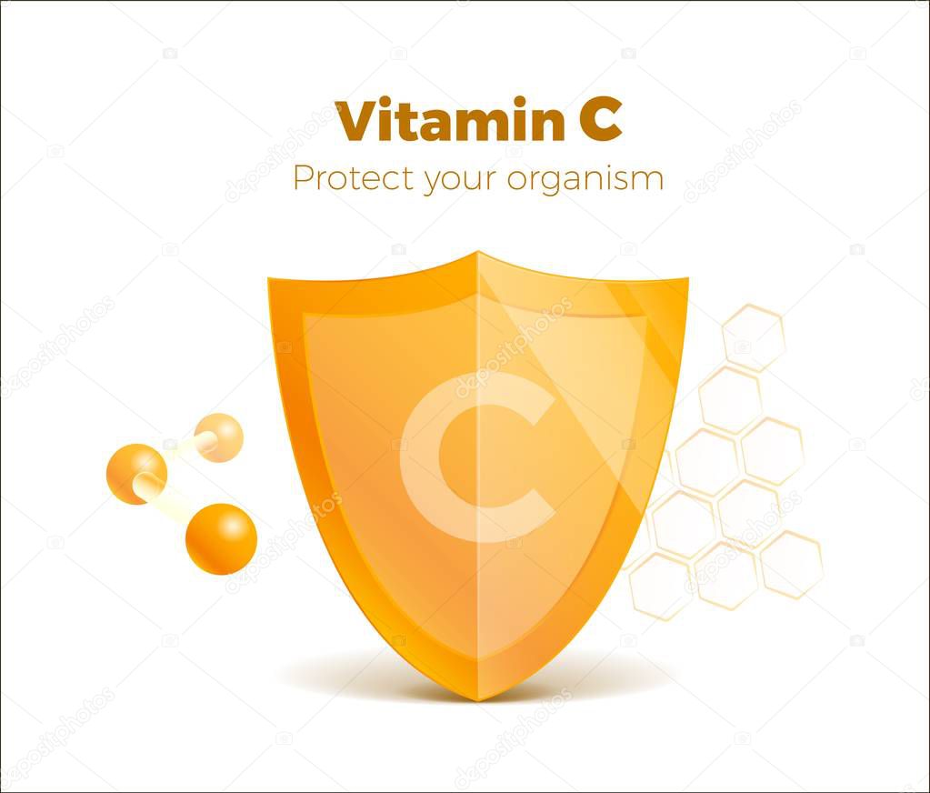 Vitamin C concept 3d shield with molecule, protected guard. Presentation shining sticker shield. Isolated on white. Meds for heath ads. Treatment cold flu. Vector illustration. Eps 10
