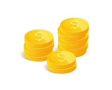 3D gerçekçi altın beyaz üzerinde farklı pozisyonlarda ayarlayın. Beyaz izole para. Vektör çizim.