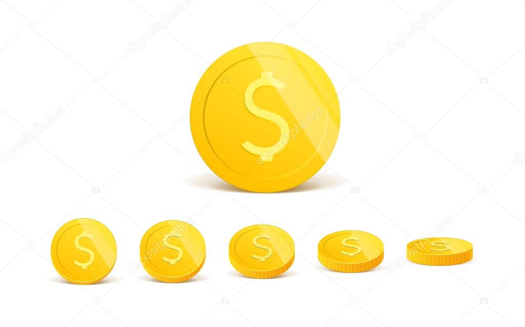 3d realistic gold coins set on white in different positions .Money isolated on white. Vector illustration.