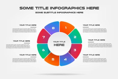 Yüzde bilgi grafiğinin pasta grafiği. Grafik öğesi, 8 seçenekli diyagram - parçalar, süreçler, zaman çizelgesi. Sunum için vektör iş şablonu, iş akışı düzeni, yıllık rapor