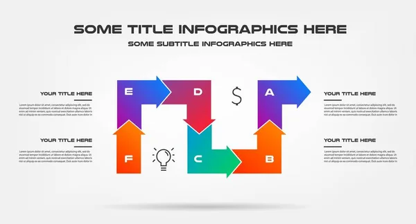 带有箭头的图标信息图表。图表元素、图表、图表包含 6 个选项 - 部分、流程、时间线。用于演示、工作流布局、年度报告的矢量业务模板 矢量图形
