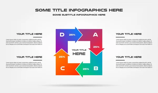 带有箭头的图标信息图表。图表元素、图表、图表 4 个选项 - 部分、流程、时间线。用于演示、工作流布局、年度报告的矢量业务模板 免版税图库插图