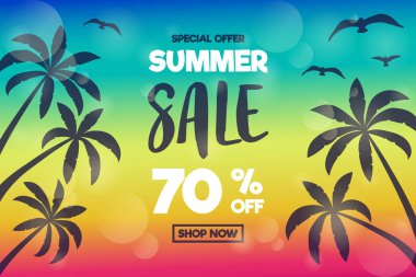 Çok renkli afiş yaz Satılık tropik avuç içi ile. Vektör.