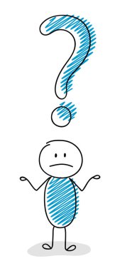 Soru işareti simgesi - şaşkın yüz ifadesi ile çizgi film çöp adam. Vektör.