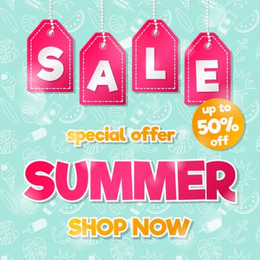 Renkli poster yaz Satılık. Parlak metin şablonu. Vektör.