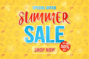 El ile renkli arka plan yaz öğeleri yaz Satılık çizilmiş. Vektör.