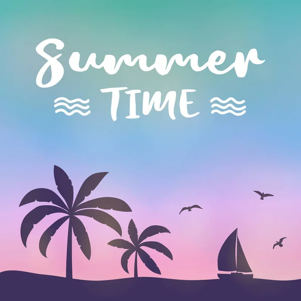 Sommerzeit Silhouette Von Palmen Auf Buntem Hintergrund Plakat Mit Text — Stockvektor