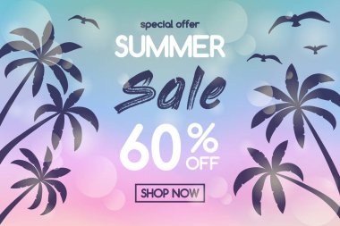 Yaz Satılık - tropik avuç içi ile banner. Vektör.