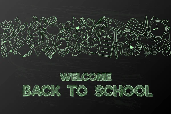 Welcome Back School Concept Banner Sketchy Accessories Vector — Stock Vector