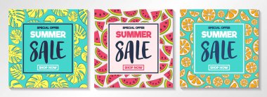 Yaz Satılık - koleksiyonu ile renkli posterler: tropikal yaprak, karpuz ve narenciye. Vektör.