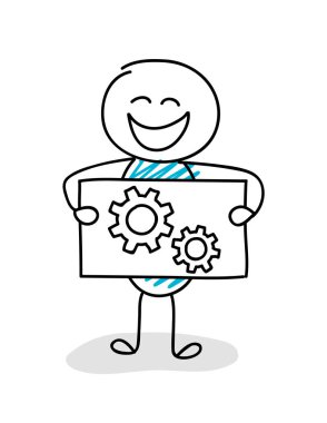 İş görüntü kavramı - komik stickman holding Yönetim Kurulu ile tekerlek (cog) simgesi. Vektör.