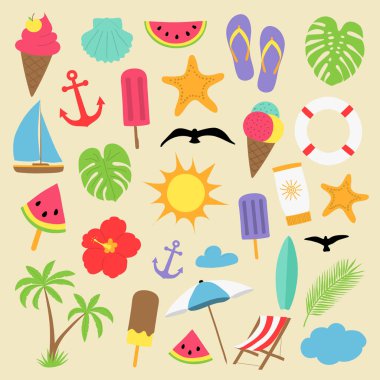 Farklı elle çizilmiş yaz öğeleri büyük kümesi. Vektör.