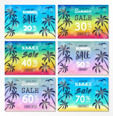 Tropik avuç içi ile afiş koleksiyonu yaz Satılık. Vektör.