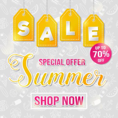 Renkli poster yaz Satılık. Parlak metin şablonu. Vektör.