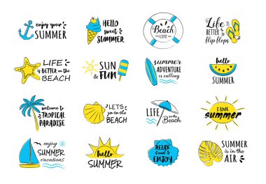 Yaz tatili - komik el simgeleri çizilmiş. Vektör.