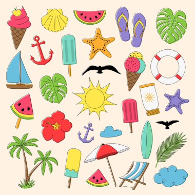 Yaz - renkli elle çizilmiş simgeler koleksiyonu. Vektör.