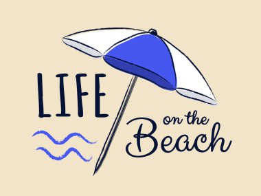 Sahilde hayat. Komik yaz öğe metin - bir afiş kavramı ile. Vektör.