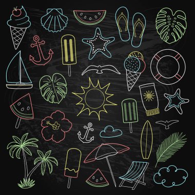 Yaz simgeler - blackboard yarım yamalak elemanları ile. Vektör.